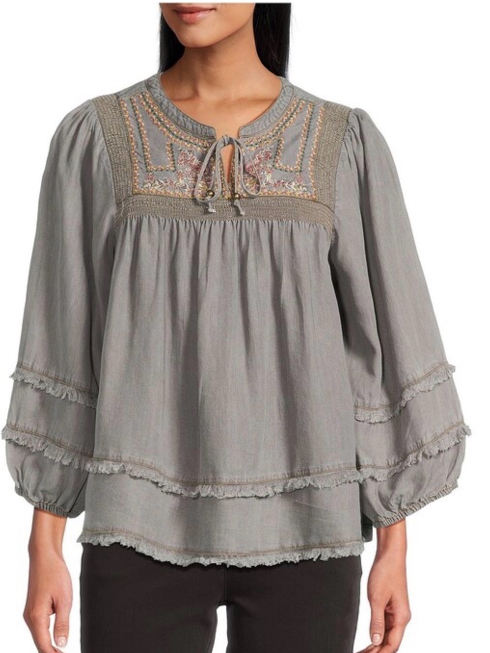 Multiples Gray Embroidered Boho Tunic with Multicolor Floral Stitching Fringe